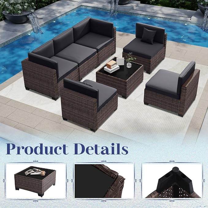 KIGOTY 14-Piece Patio Furniture Set, All-Weather PE Rattan Outdoor Sectional Sofa, Modular Wicker Conversation Set with Thick Cushions & Easy-Clean Coffee Table（Brown/Dark Grey）