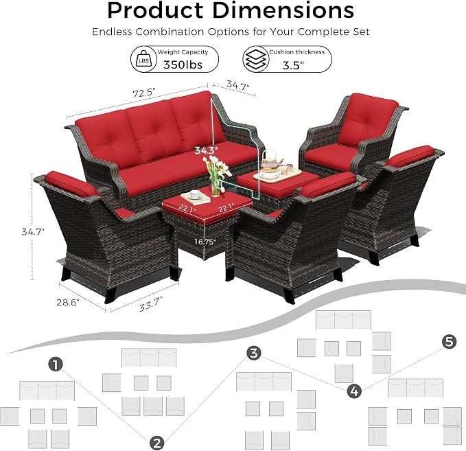 Outdoor Patio Furniture Set, 7 Piece Wicker Patio Furniture with Thick Cushions, Curved Armrest, Deep Seating, Rattan Outdoor Chairs for Porch, Deck, Balcony