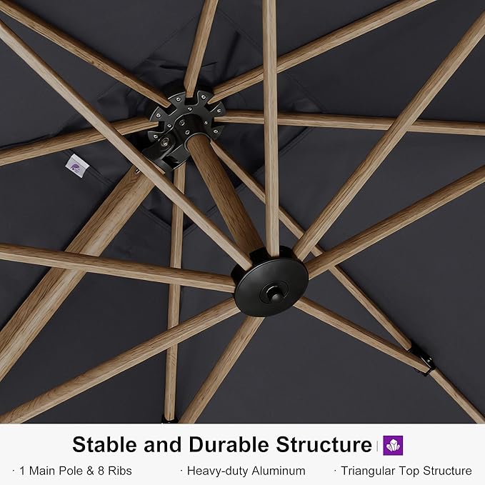 PURPLE LEAF 12FT Patio Umbrella With Base Square Cantilever Umbrella Teak Finished Aluminum Frame Large Windproof Offset Outdoor Sun Umbrellas for Beach Pool Deck, Grey