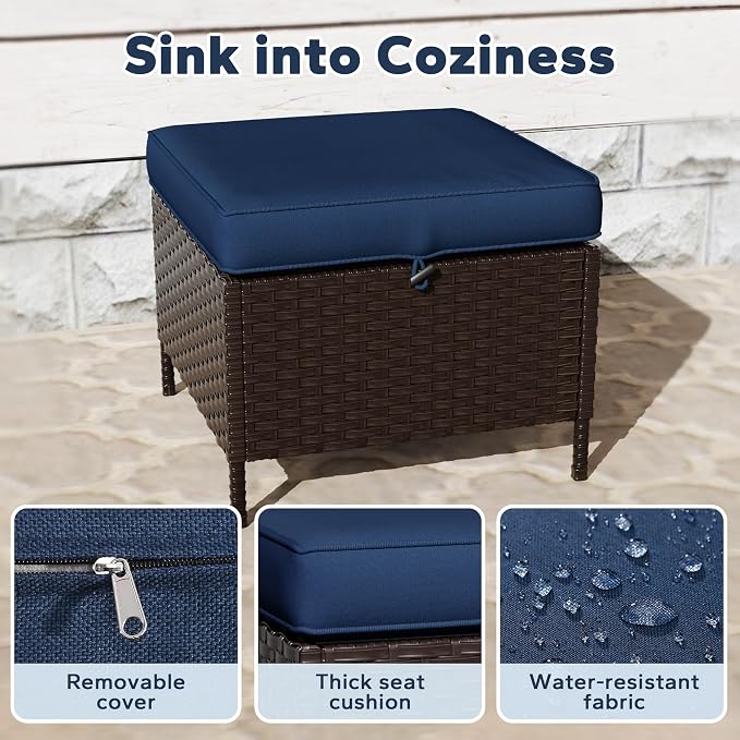 5 PCS Outdoor Conversation Set | 55" Couch, 2 Swivel Chairs, 2 Ottomans, Patio Wicker Conversation Furniture with Removable Cushions for Bistro, Deck, Sunroom (Navy Blue)