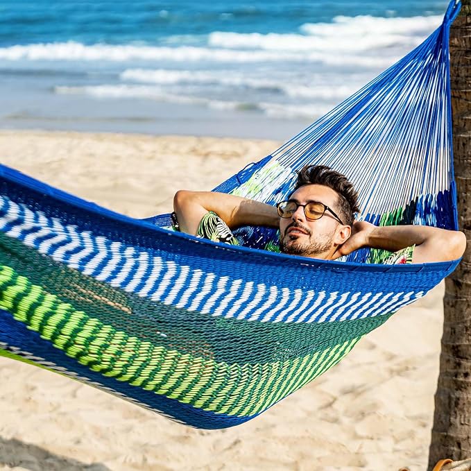 Lazy Daze Hammocks Handwoven XL Mayan Hammock, 10.5 FT Soft Rope Double Hammocks, Portable Outdoor Hammock with Carry Bag, 2 Straps & Carabiners for Patio Outside, 550 lbs Weight Capacity, Blue/Green