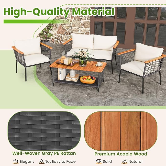 Tangkula 4 Piece Patio Furniture Set, Patiojoy Rattan Chair Set w/ 2-Tier Coffee Table, Acacia Wood Armrests & Tabletop, Soft Seat & Back Cushions, Outdoor Wicker Conversation Set
