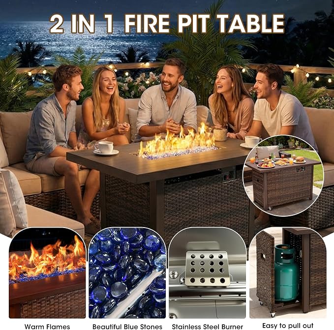 Grezone 7 Piece Patio Furniture Set with 44" Fire Pit Table, Outdoor Sectional Couch, PE Rattan Patio Conversation Sets with 4inch Cushions for Backyard Deep Blue (NY)
