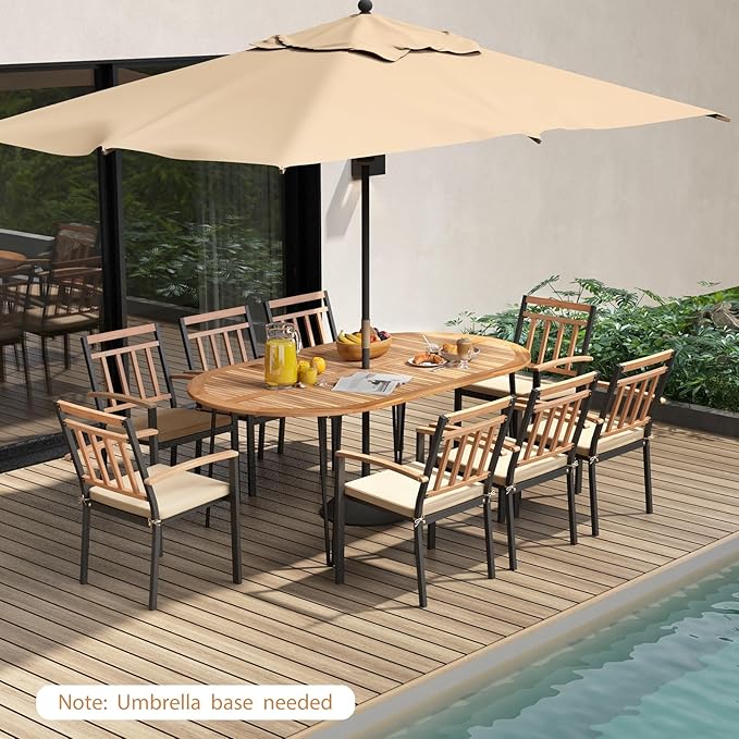 Tangkula 9 Pieces Outdoor Dining Set, Patio Furniture Set with Acacia Wood Top & Umbrella Hole, Metal Frame, Armchairs with Removable Cushions, Wood Dining Table & Chair Set for Yard, Garden, Deck
