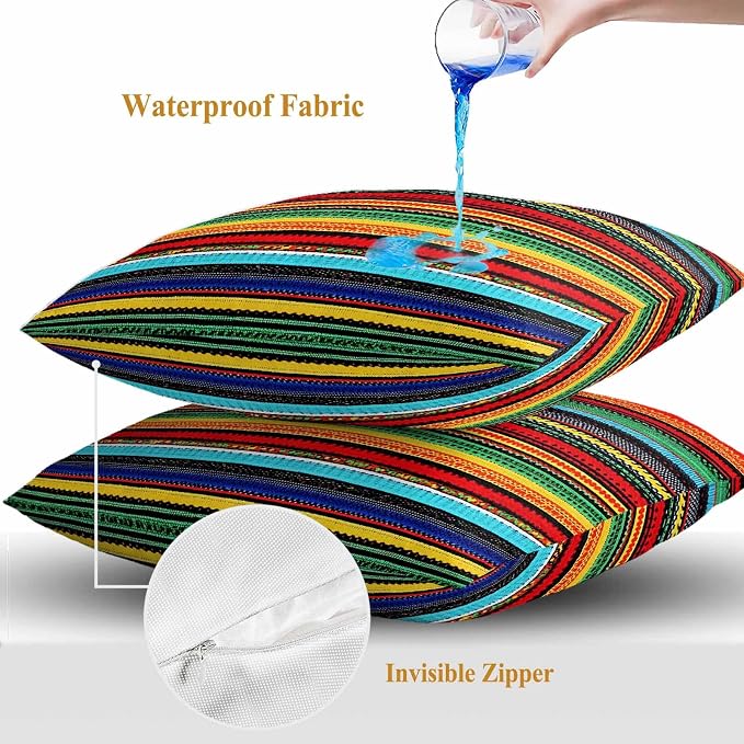 Colorful Stripes Outdoor Waterproof Throw Pillow Covers Set of 2, 18"x18", Mexican Aztec Abstract Ethnic Decorative Pillow Covers Outside Cushion Case for Patio Porch Garden