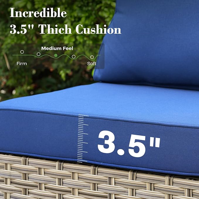 5 Piece Outdoor Patio Furniture with Glowing Coffee Table, Rattan Wicker Conversation Set with Sofa, Sectional Single Chairs for Outside Porch Balcony Backyard Pool,Blue