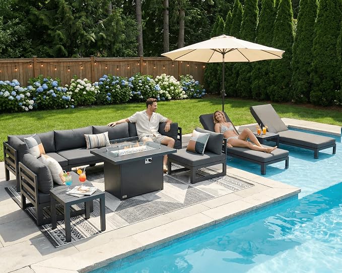 NICESOUL Aluminum Patio Furniture Set with Chaise Lounge & Firepit, 11 Piece Large Modular Outdoor Sectional Couch, 29" Deep Wide Seating, 500 lbs Heavy Duty Conversation Sofa for Deck, Dark Gray