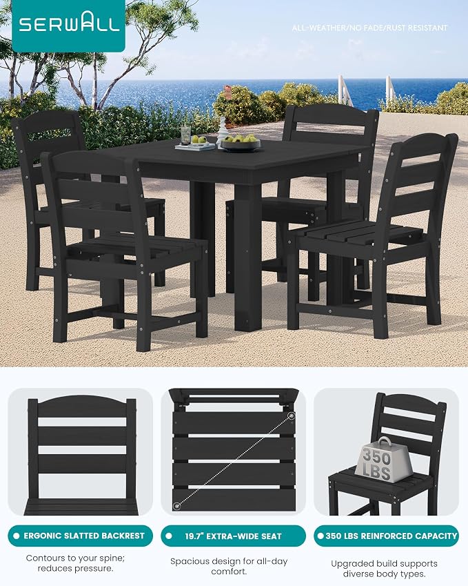 SERWALL HDPE Outdoor Square Dining Set for 4 | with Armless Chair Seat