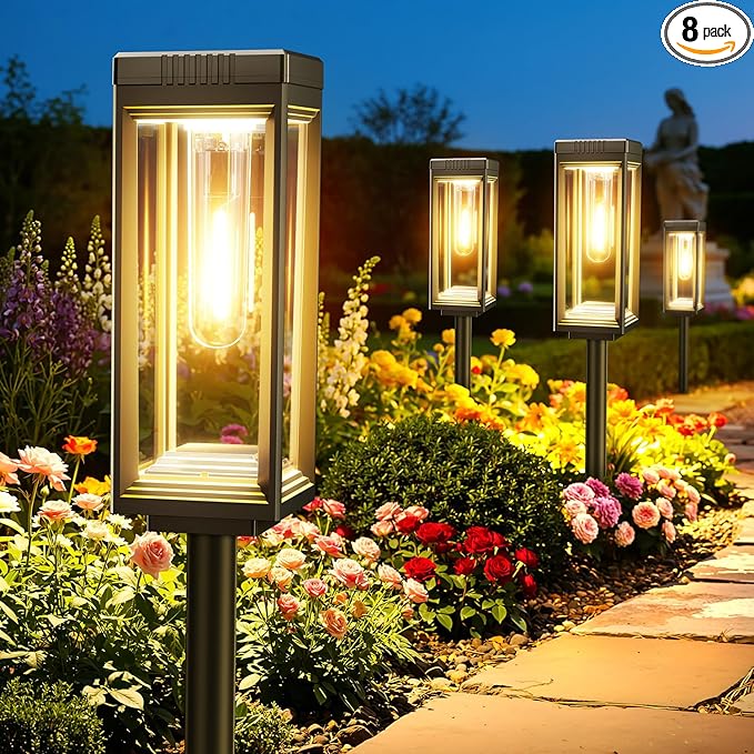 WdtPro 8 Pack Tall Solar Pathway Lights Outdoor, Bright Solar Powered Garden Lights Waterproof, Auto On/Off, Up to 15H Outdoor Lighting for Lawn Patio Walkway Driveway Path Yard Decor