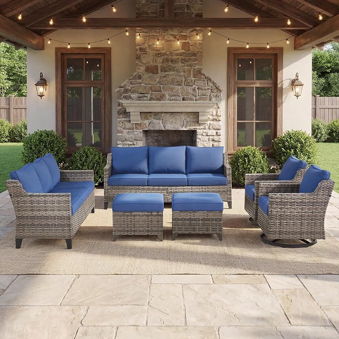 Belord Patio Wicker Swivel Rocker Patio Chairs with 3-Seater Sofa, Outdoor Rattan Chairs for Deck Porch Poolside, 6 Piece Luxury Patio Furniture Set, Blue