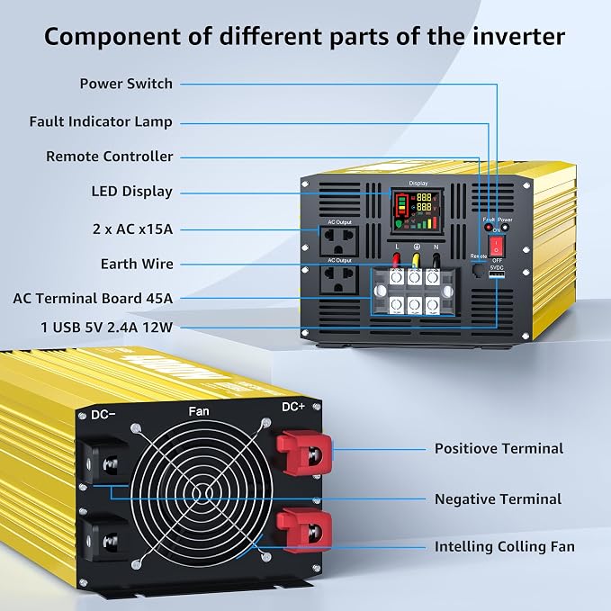 XWJNE 4000W Pure Sine Wave Power Inverter 24V DC to 120V AC Converter with LED Display and Remote Controller for Home, RV, Truck, Off-Grid Solar Power