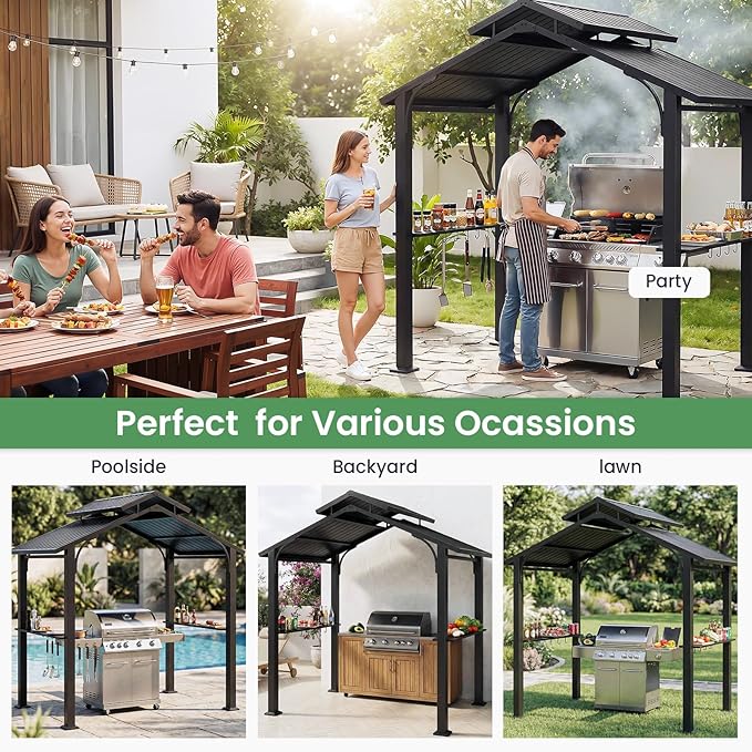 Jocoveol 8 x 5FT Hardtop Grill Gazebo, Outdoor BBQ Gazebo w/Galvanized Steel Double Roof, Metal Grill Canopy w/2 Side Shelves & Hooks, Barbeque Shelter Canopy w/Ceiling Hook for Patio Backyard Garden