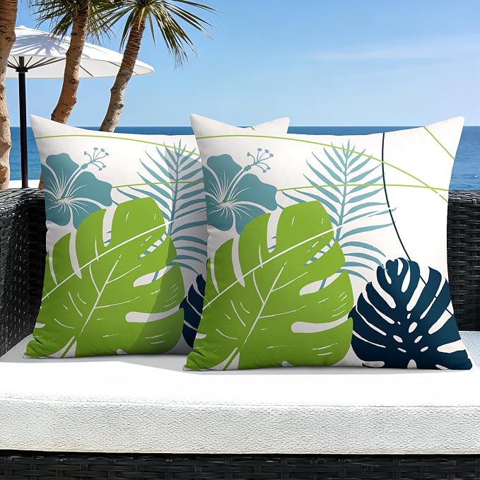OTOSTAR Outdoor Waterproof Throw Pillow Covers 20x20 Inch Set of 2 Double-Sided Light Green Blue Tropical Leaf and Flower Spring Summer Decorative Pillow Cases for Patio Funiture Garden Balcony Couch