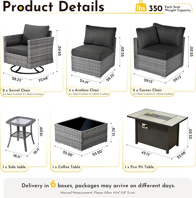 Weaxty 11 Piece Patio Furniture Set with Fire Pit Table, Outdoor Sectional Couch Swivel Rocker Patio Chairs with Coffee Table Wicker Conversation Sets for Balcony Backyard, Black
