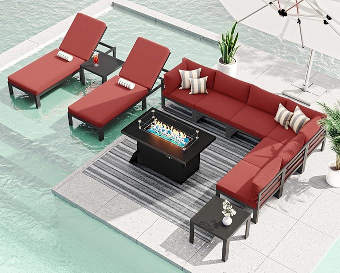 RADIATA 8 Person Modern Aluminum Outdoor Patio Furniture Set with Chaise & Firepit Table, 29 inch Wide Deep Seat, All Weather Modular Sectional Couch, Oversized Conversation Set for Garden Deck, Red