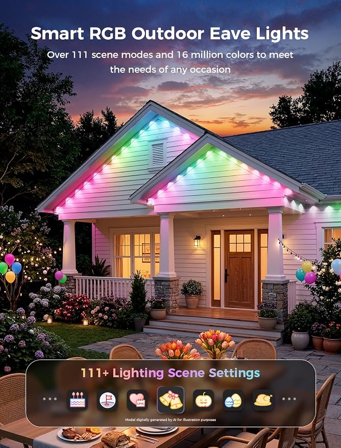 CDN Eaves Permanent Outdoor Lights, 150FT RGB+IC Outdoor Decor Light with 111+ Scene Modes, 90 LED Lights, Smart APP & Remote Control, Waterproof Permanent Light for Daily Holiday Decorations