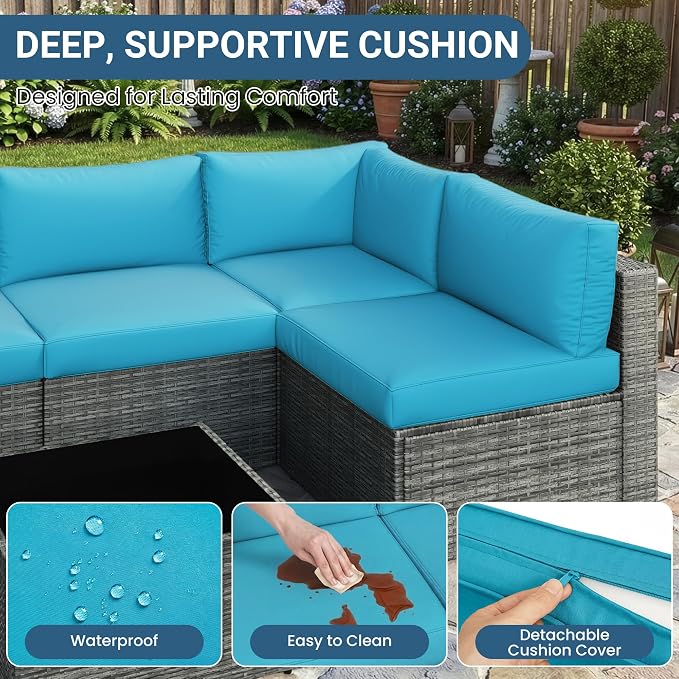 Wisteria Lane 7 Pieces Outdoor Patio Furniture Set, Wicker Outdoor Patio Sectional Sofas with Coffee Table, All-Weather Patio Conversation Set for Garden Backyard, Light Blue