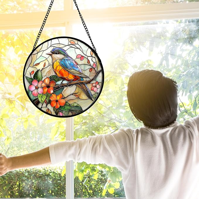 DASTOLL Stained Glass Window Hanging, Blue Bird Pink Flower Suncatcher Diamond Glass Panel Bird Sun Catchers Decor for Birthday for Women, Men, Wife, Aunt, and Mom 9.8 in