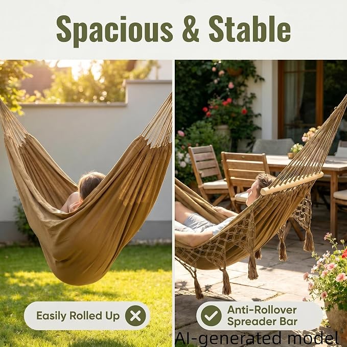 Boho Fringe Hammock with Carry Bag and 2 Tree Straps, 2 Person Fabric Hammock, 500 lb Capacity for Backyard, Porch, Patio, Camping, Indoor Outdoor Use