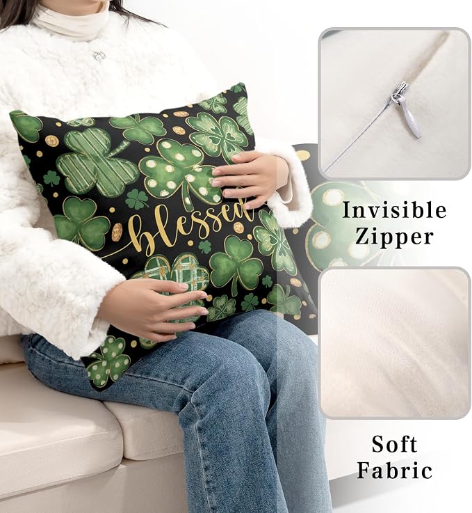 2 Pack St Patricks Day Pillow Covers Lucky Blessed Decorative Pillow Cases 22x22 Gold Coin Shamrock Clover Cushion Cases Saint Patricks Day Decorations for Home Sofa Couch
