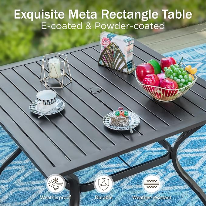 PHI VILLA 5pc Patio Dining Set with Umbrella, Square Table, Rattan Chairs | 37" Metal square dining table, cushioned wicker chairs, 10ft red umbrella. Perfect for patio, deck, yard, porch.