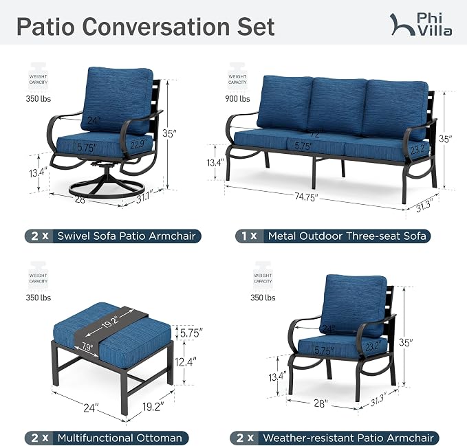 PHI VILLA 7 PCS Patio Furniture Set,Metal Outdoor Furniture with 1x 3 Seater Cushioned Deep Seating Bench Sofa, 2 Swivel Chair, 2 x Leg Chairs & 2 Ottoman for 7 Person, Peacock Blue