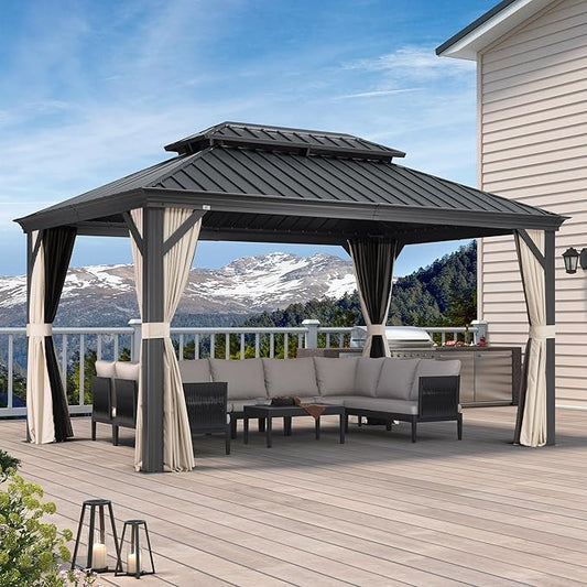 PURPLE LEAF 10' X 14' Hardtop Gazebo Aluminum Gazebo with Galvanized Steel Double Roof for Patio Lawn and Garden Curtains and Netting Included Beige