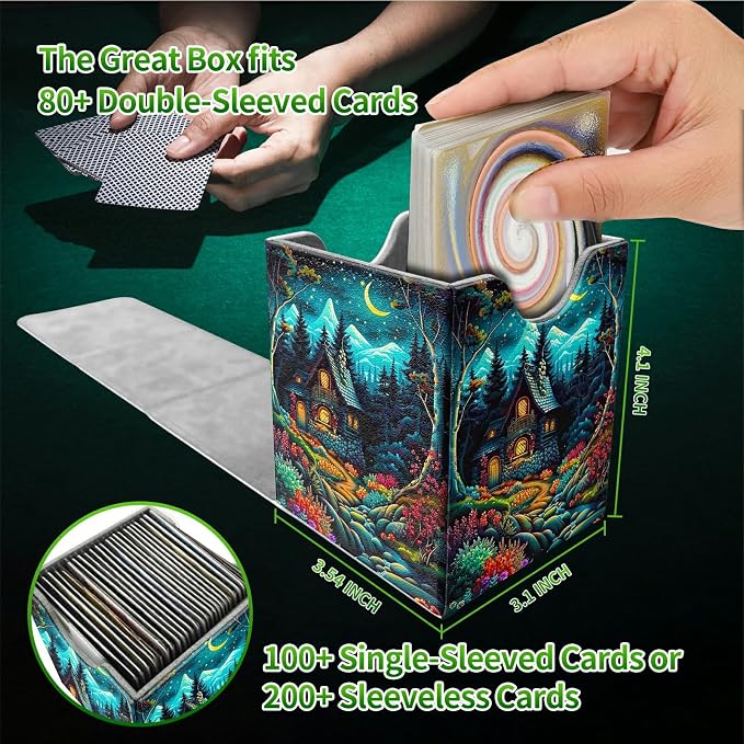 Deck Box for MTG, Cards Storage Box Fits 120+ Sleeved, Leather Medium Size Strong Magnetic Closing Card Case for Board Games Magic TCG CCG Baseball Collection, Creek Chateau