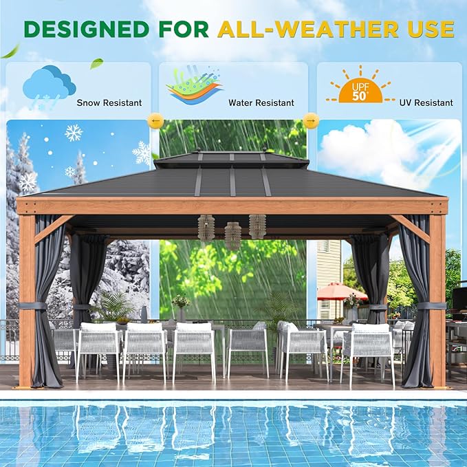 EROMMY 12' x 16' Hardtop Gazebo Outdoor Aluminum Wood Grain Gazebos with Galvanized Steel Roof and Mosquito Net for Patios, Deck, Backyard, Curtains&Netting