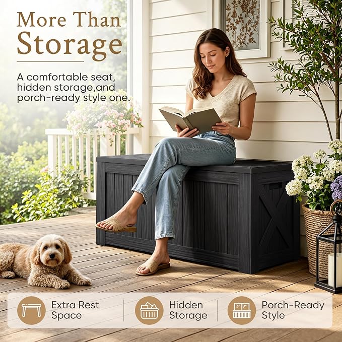 Devoko 120 Gallon Deck Box Resin Outdoor Storage Box Waterproof for Patio, Large Outdoor Storage Bench Lockable for Outside (Black)