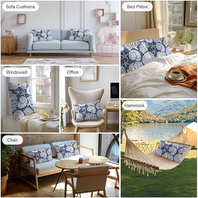 Lumbar Pillow Covers 20x12 Inch Set of 2, Navy Blue Starfish Coastal Waterproof Outdoor Pillow Covers, Summer Coral Shell Beach Nautical Decorative Cushion Pillowcases for Couch Sofa Bed Garden Patio