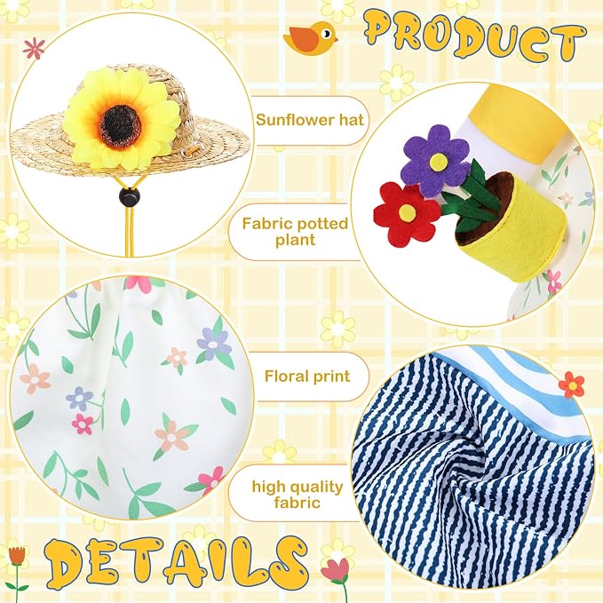FuWeave 2 Set Porch Goose Outfit Spring Gardener Goose Clothes with Small Flower Pot for 23" Cement Outdoor Patio Yard Decor (Sunflower)
