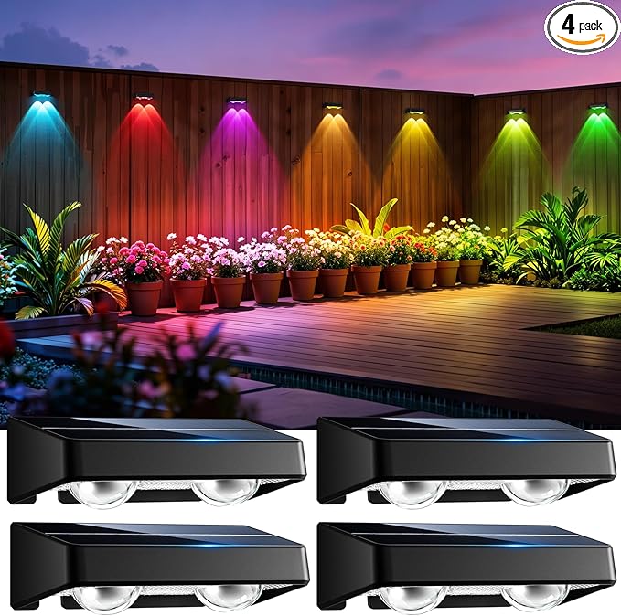 Solar Fence Lights Outdoor, 4 Pack Color Changing Fence Lights Solar Powered with 9 RGB Colors & 11 Lighting Modes, IP65 Waterproof Dusk to Dawn Fence Lights for Patio, Deck, Wall, Backyard