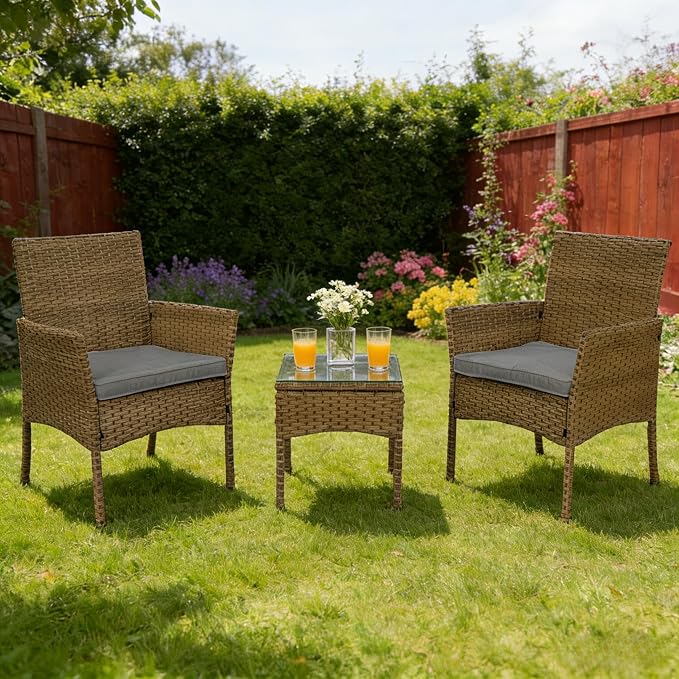 UNITED FLAMES 3-Piece Outdoor Wicker Bistro Set, PE Rattan Patio Chairs & Side Table with Cushions, Weather Resistant Conversation Set for Balcony, Porch, Garden (Grey)