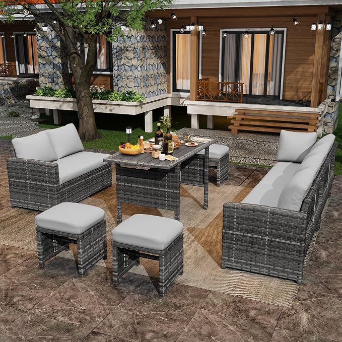 U-MAX 7 Pieces Patio Furniture Set with Waterproof Cover, Outdoor Sectional Sofa Conversation Set, All Weather Wicker Rattan Dining Table & Chair with Ottoman, Grey Rattan&Light Grey Cushion