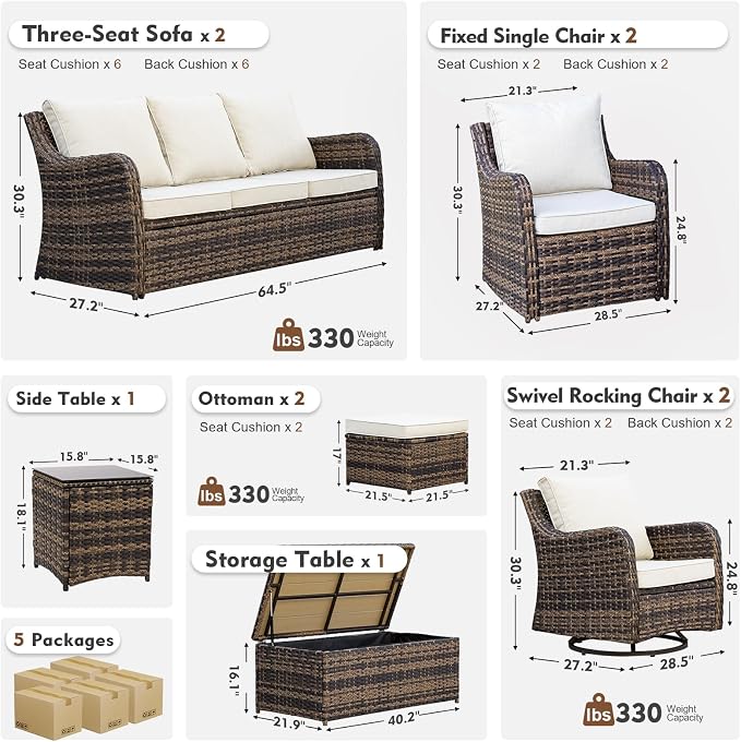 MEISSALIVVE Outdoor Patio Furniture Set with Swivel Chair, 10 Pieces Patio Conversation Set, Patio Sectional Furniture Set with 2 Three-seat Sofa, 2 Fixed Single Chair and Coffee Table (Brown)