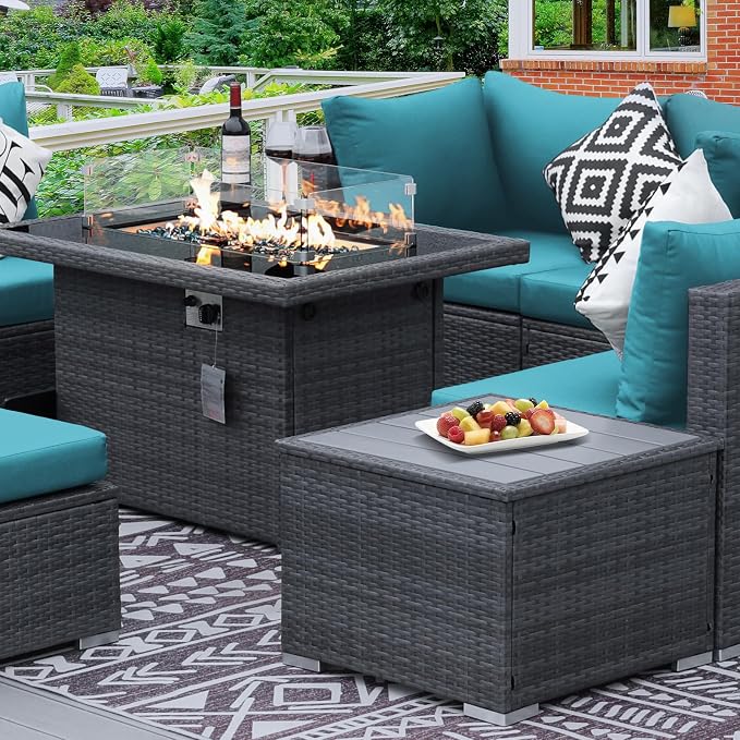 RADIATA 9 Piece Wicker Patio Furniture Set with Fire Pit, All-Weather Outdoor Sectional Couch High Back Large Size, Modular Backyard Seating Sofa Set with Propane/Natural Gas Firepit Table, Grey&Teal
