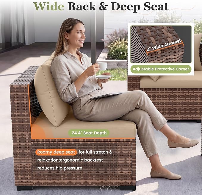 Amopatio Outdoor Patio Furniture Set 7 Pieces Patio Conversation Set Sectional Couch Sofa, Glass Table & Thicken Cushion Fits Garden Yard Porch