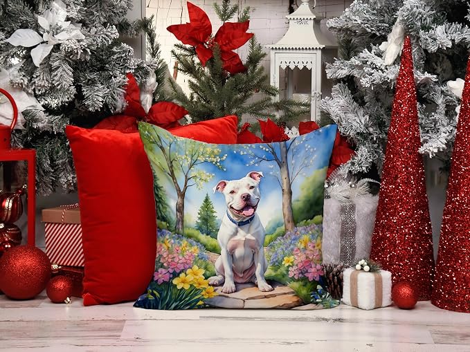 Caroline's Treasures Pit Bull Terrier Spring Path Throw Pillow Machine Washable, Indoor Outdoor Decorative Pillow for Couch, Bed or Patio, 14Hx14W