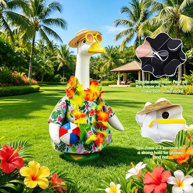 Hawaiian Porch Goose Outfits for 23" Statue, Summer Goose Clothes with Volleyball, Straw Hat, Sunglasses & Floral Wreath – Fun Tropical Lawn Decor for Garden, Patio, Beach