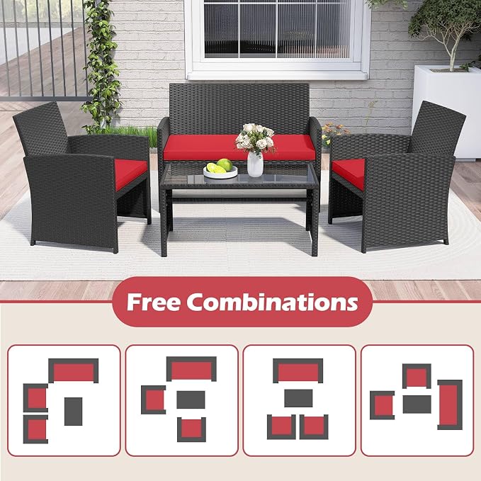 RELAX4LIFE 8-Piece Patio Furniture Set - Wicker Rattan Outdoor Sectional Sofa Set w/Glass Coffee Table, Loveseat, Chairs & Soft Cushions, Bistro Conversation for Garden Porch (2, Black-Red)