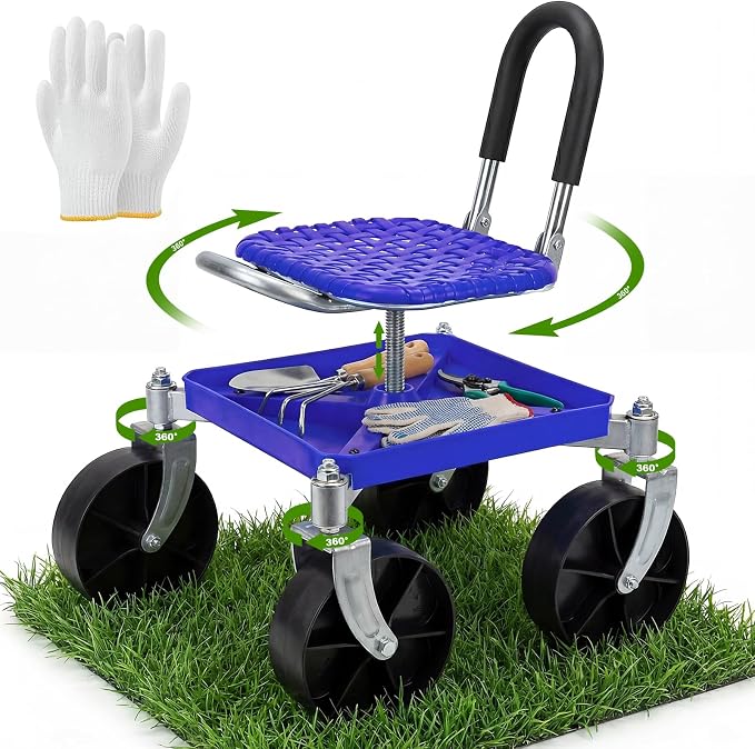 Heavy-Duty 360° Swivel Rolling Garden Seat, 330 lbs Capacity, Height Adjustable 20-24 in, with Work Gloves for Weeding, Planting, Car Detailing