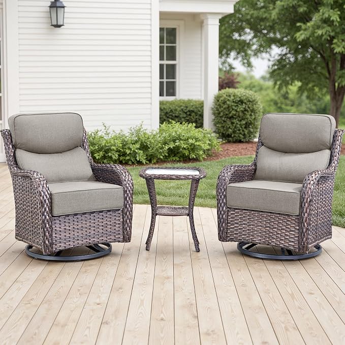 Rilyson Outdoor Patio Furniture Set - Weather Resistant Wicker,High Back,6 inch Cushions,3 Piece Patio Bistro Set with Swivel Rocker Chairs and Side Table for Deck Porch Yard,Brown/Beige