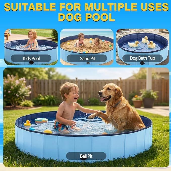 Eooqi Foldable Dog Pool, Collapsible Pet Bath Tub & Kiddie Wading Pool, Portable Hard-Side Dog Swimming Pool for Puppies, Small & Medium Dogs, Cats and Kids (Blue, 39.5"-M)