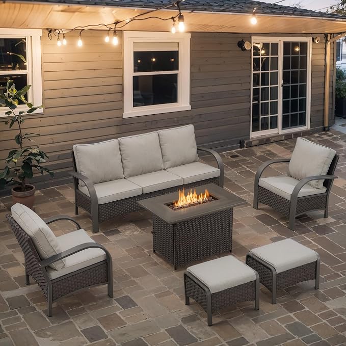 Belord 6 Pieces Patio Furniture Set with Fire Pit Table - 50000 BTU Propane Fire Pit, 2 Single Leisure Chairs, High Back Wicker Rattan Couch, Outdoor Conversation Set for Casual Gathering