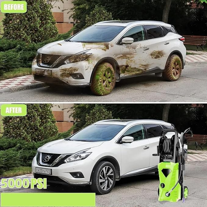 5000PSI Electric Pressure Washer 2026 2.8GPM High Power Washer with 33ft Hose Reel,4 Nozzle,and Soap Bottle for Cars/Home/Driveways/Patios/Fences,Green