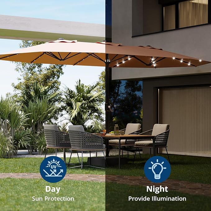 15FT Extra Large Patio Umbrella With Solar Lights - Oversized Double-Sided Market Umbrella With Base Included, Rectangular Outdoor Umbrella for Pool, Garden, Backyard, and Deck