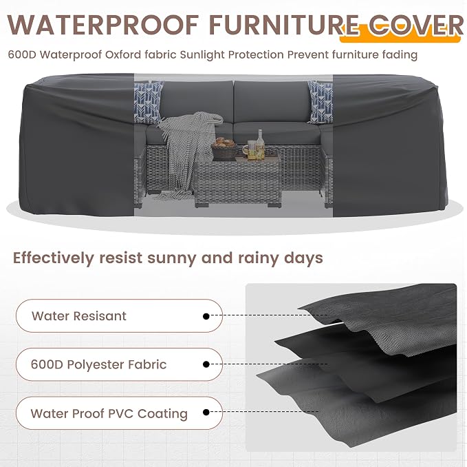 UDPATIO Patio Furniture Set with Fire Pit Table, 8 Pcs Outdoor Sectional Sofa, PE Wicker Patio Conversation Set for Garden, Backyard (Grey Cushions with Grey Rattan)