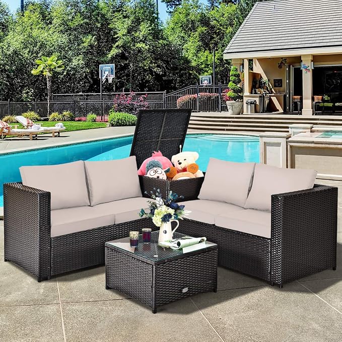 Tangkula 4 Piece Wicker Patio Set with Storage, All Weather-Proof Outdoor Conversation Set, with Loveseat, Glass Top Coffee Table & Storage Box, Suitable for Garden, Poolside, Sunroom (1, Brown)