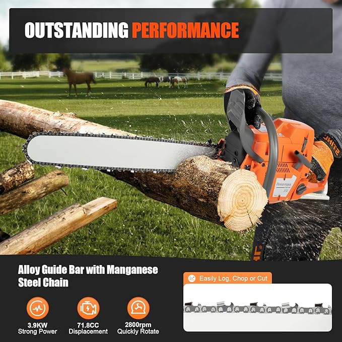 24Inch Gas Chainsaw, 2-Stroke 71.8CC 3.9KW Engine Handheld Gas Power Chain Saw with Air-cooled, Pull Start Petrol Saws Set for Wood Cutting, Garden Pruning, Forest Logging, 2800RPM